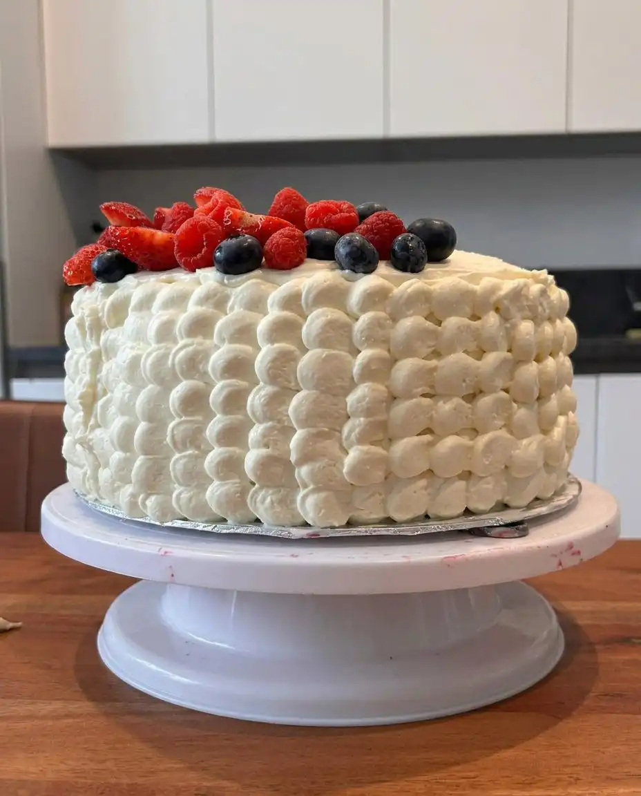 A cleanly sliced piece of layer cake showing distinct bands of red strawberry and blue blueberry fillings