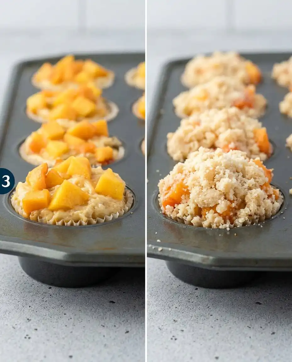 Inside view of a peach cobbler muffin showing the moist and tender crumb.