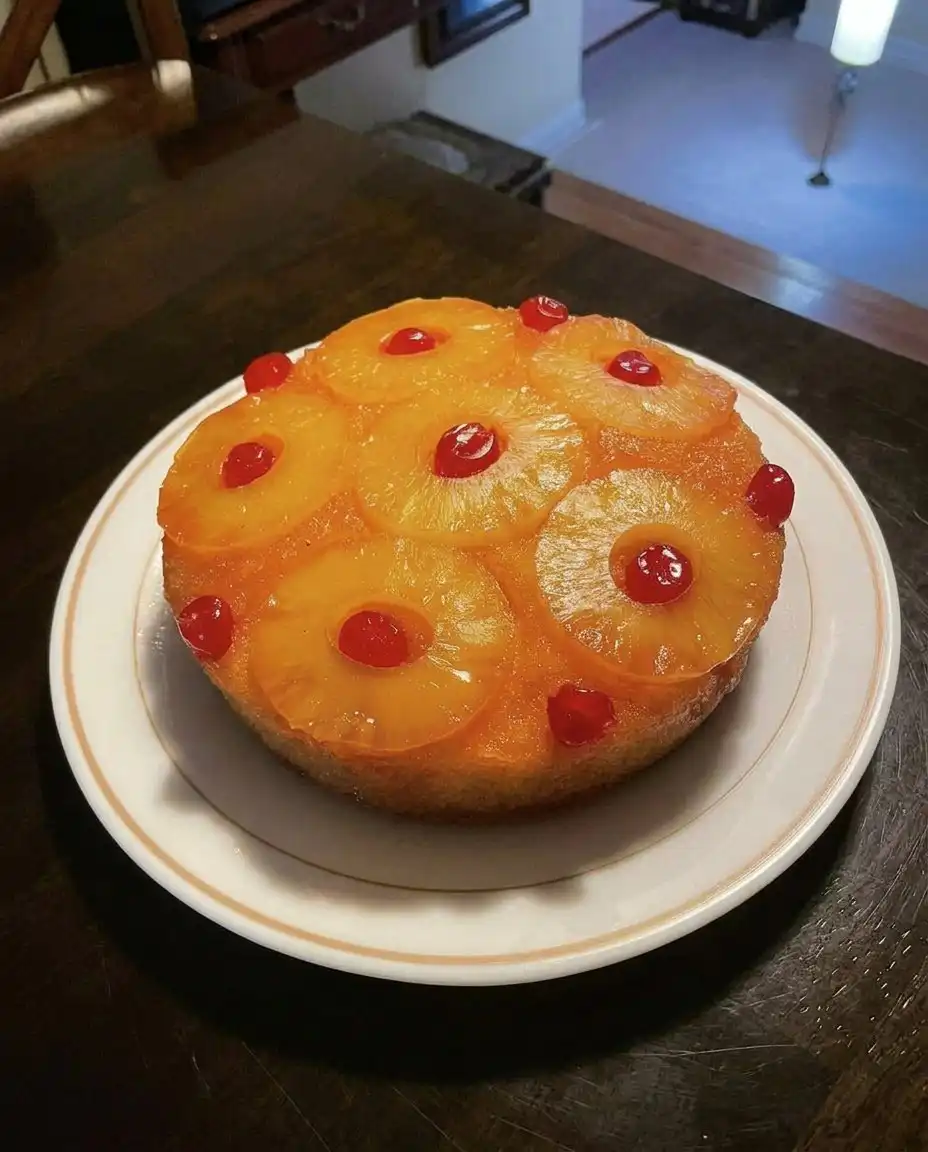 A slice of pineapple cake on a vintage plate served next to a glass of iced tea