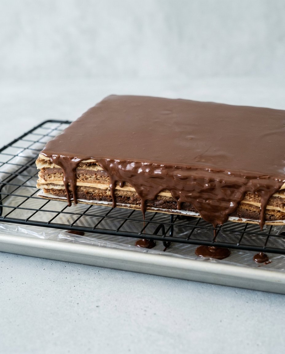 Opera Cake 16 A rectangular slice of Opera Cake plated on white ceramic with gold leaf garnish.