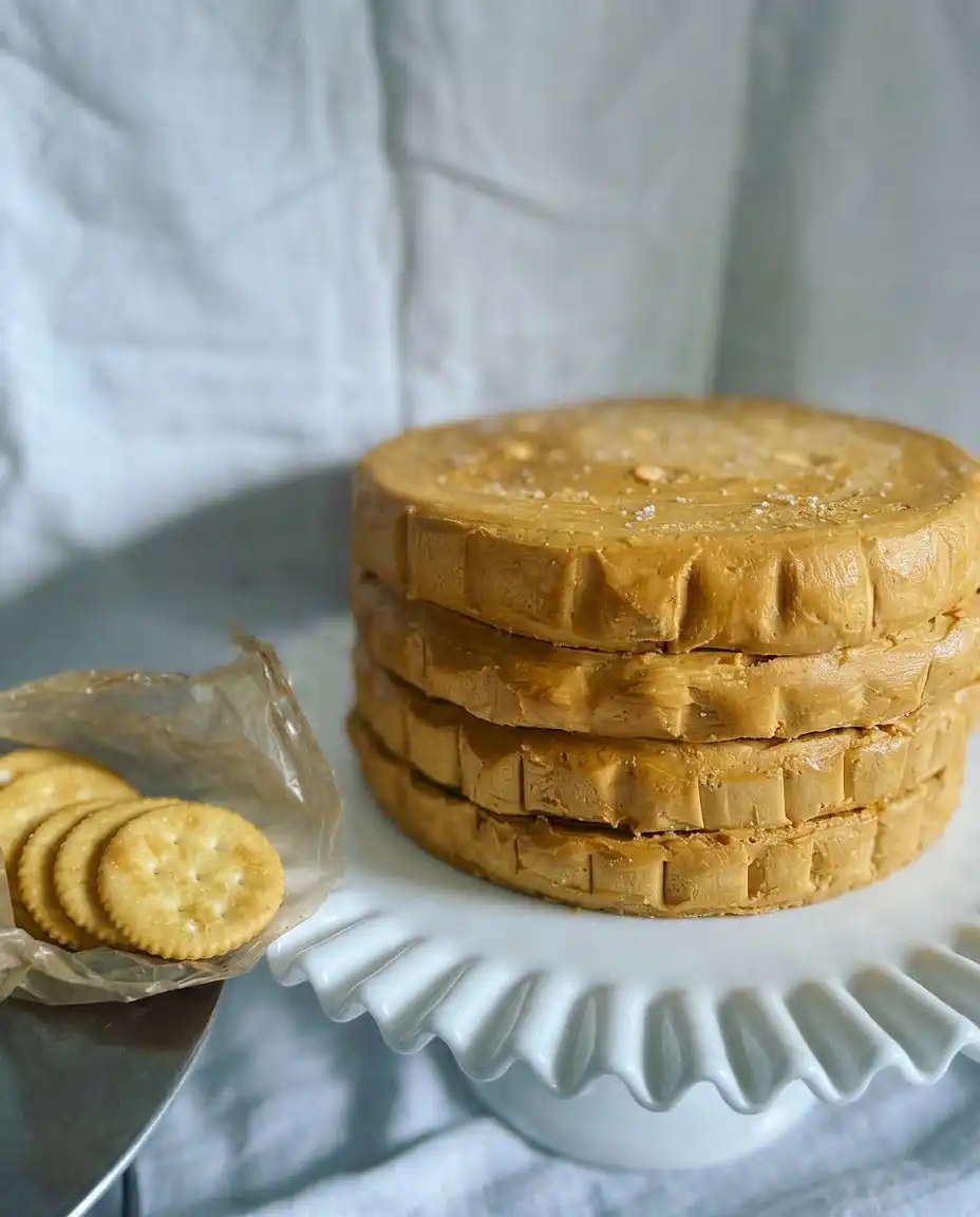 A single square slice of Ritz cracker icebox cake plated with extra caramel drizzle.