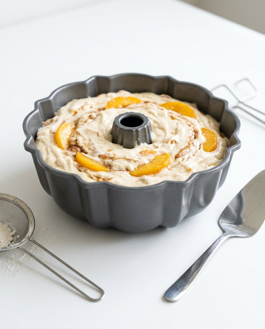 Peach Cobbler Pound Cake 15 An Old-Fashioned Peach Cobbler Pound Cake Recipe cooling in a fluted Bundt pan.