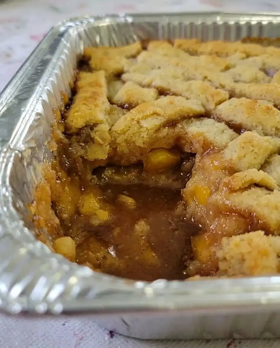 Spooning hot peach mixture over the cobbler batter in a baking pan.