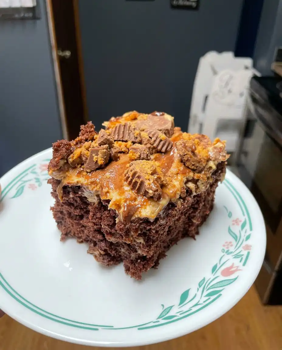 A chocolate cake in a 13x9 pan with evenly spaced holes poked in the surface.