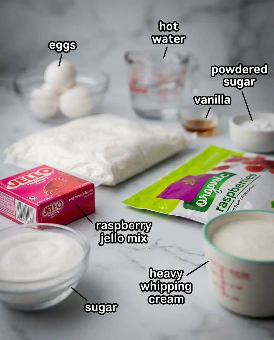 Ingredients for raspberry fluff cake including gelatin cake mix and fresh berries