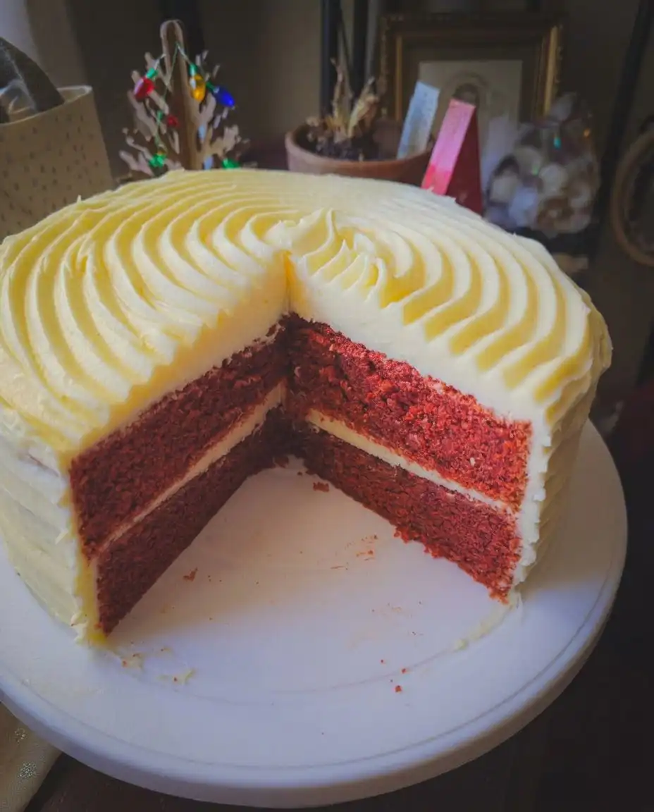 Red Velvet Cake 10 A stunning three layer red velvet cake with smooth white cream cheese frosting and cake crumb garnish.
