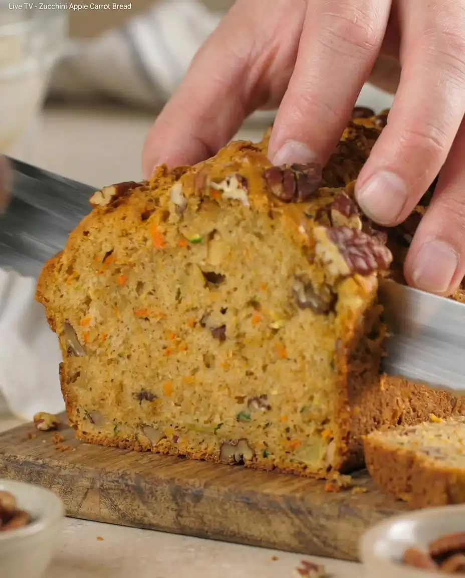 Carrot Apple Zucchini Bread 10 A loaf of Carrot Apple Zucchini Bread sitting on a rustic wooden table with fresh garden vegetables nearby.