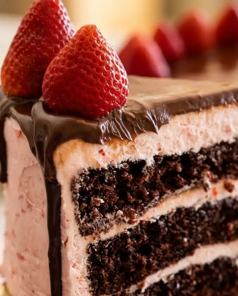 A rustic chocolate strawberry cake with pink frosting and dark ganache on a wooden board.