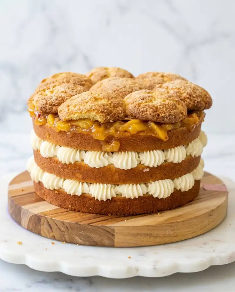 A rustic Peach Cobbler Layer Cake resting on a wire cooling rack in a farmhouse kitchen.