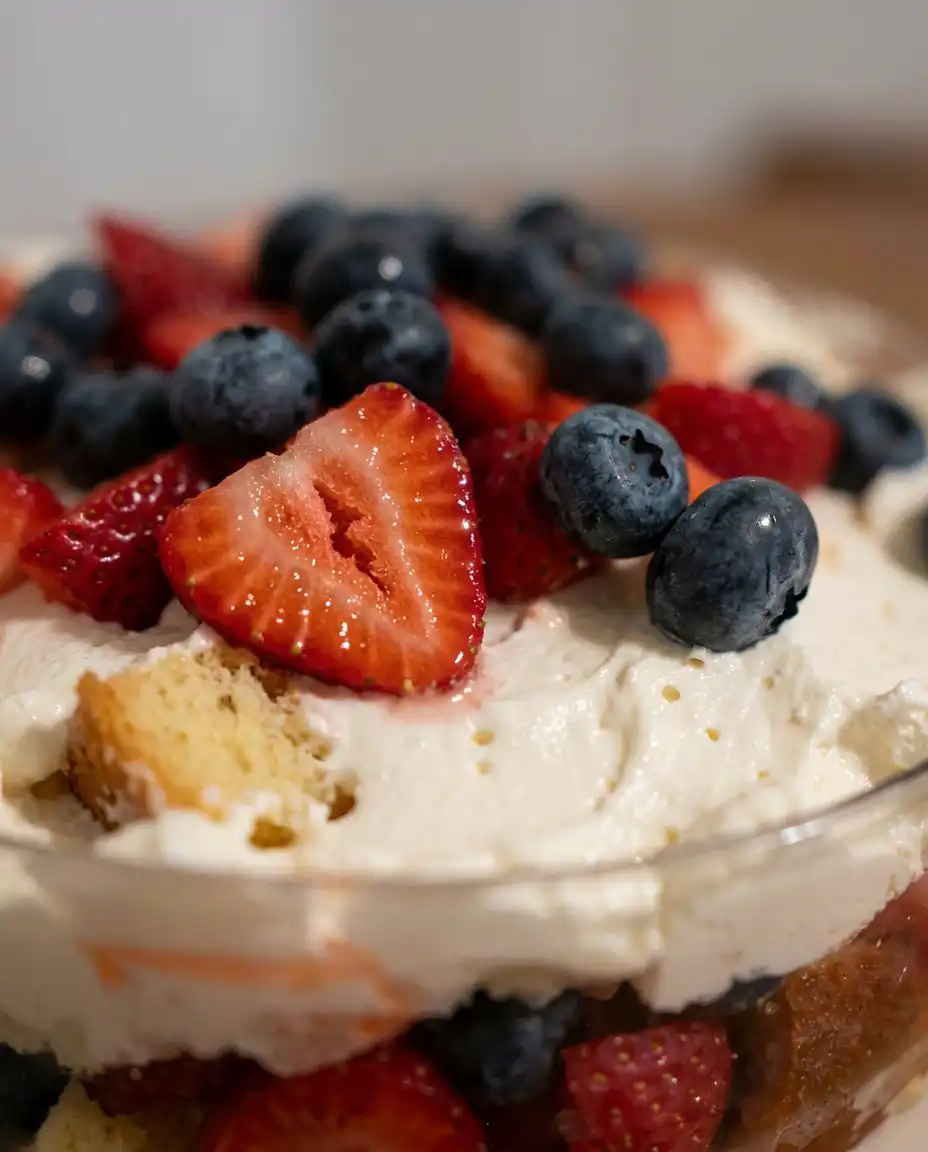 4th of July Trifle 10 A glass trifle bowl filled with layers of fresh strawberries, blueberries, angel food cake, and white cream sitting on a wooden table.