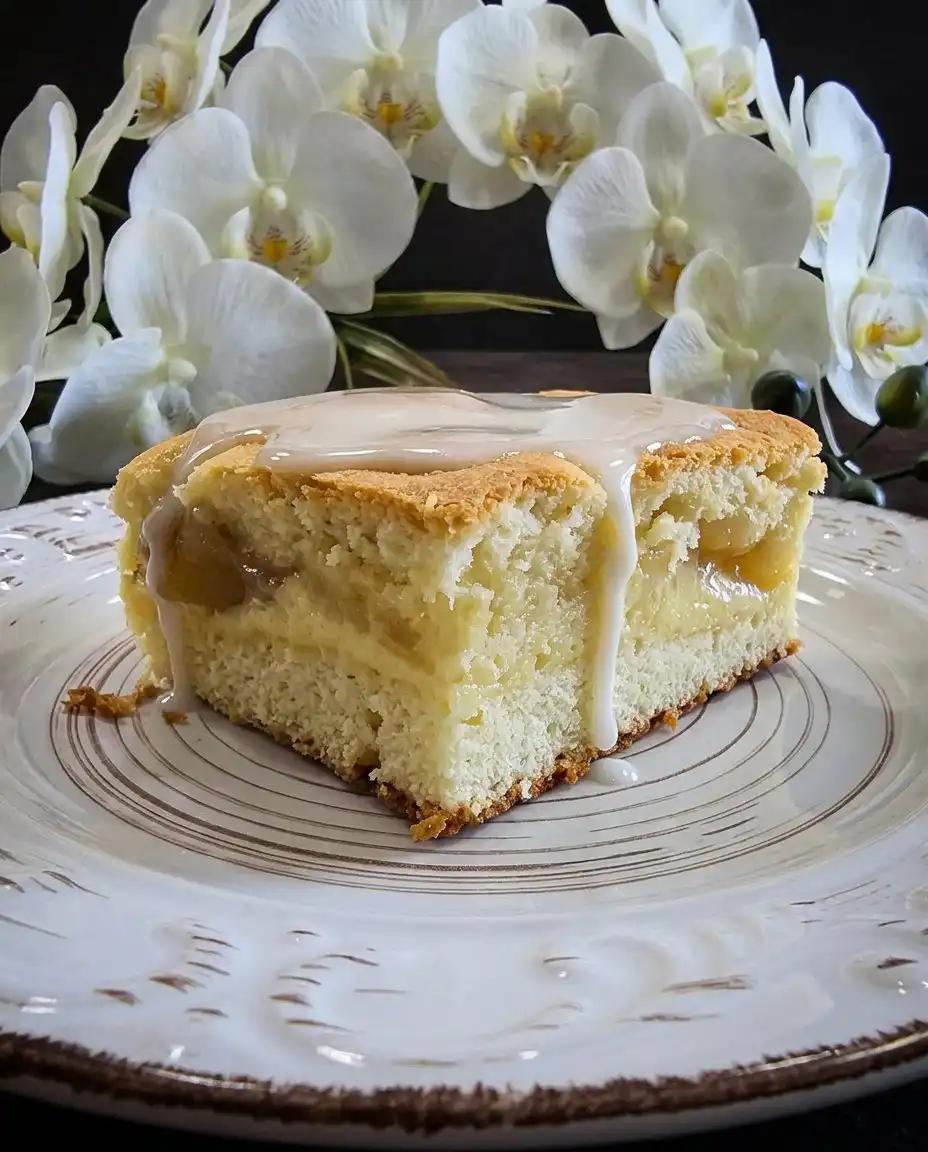 A single slice of a Peaches and Cream Bar served with a glass of sweet tea.