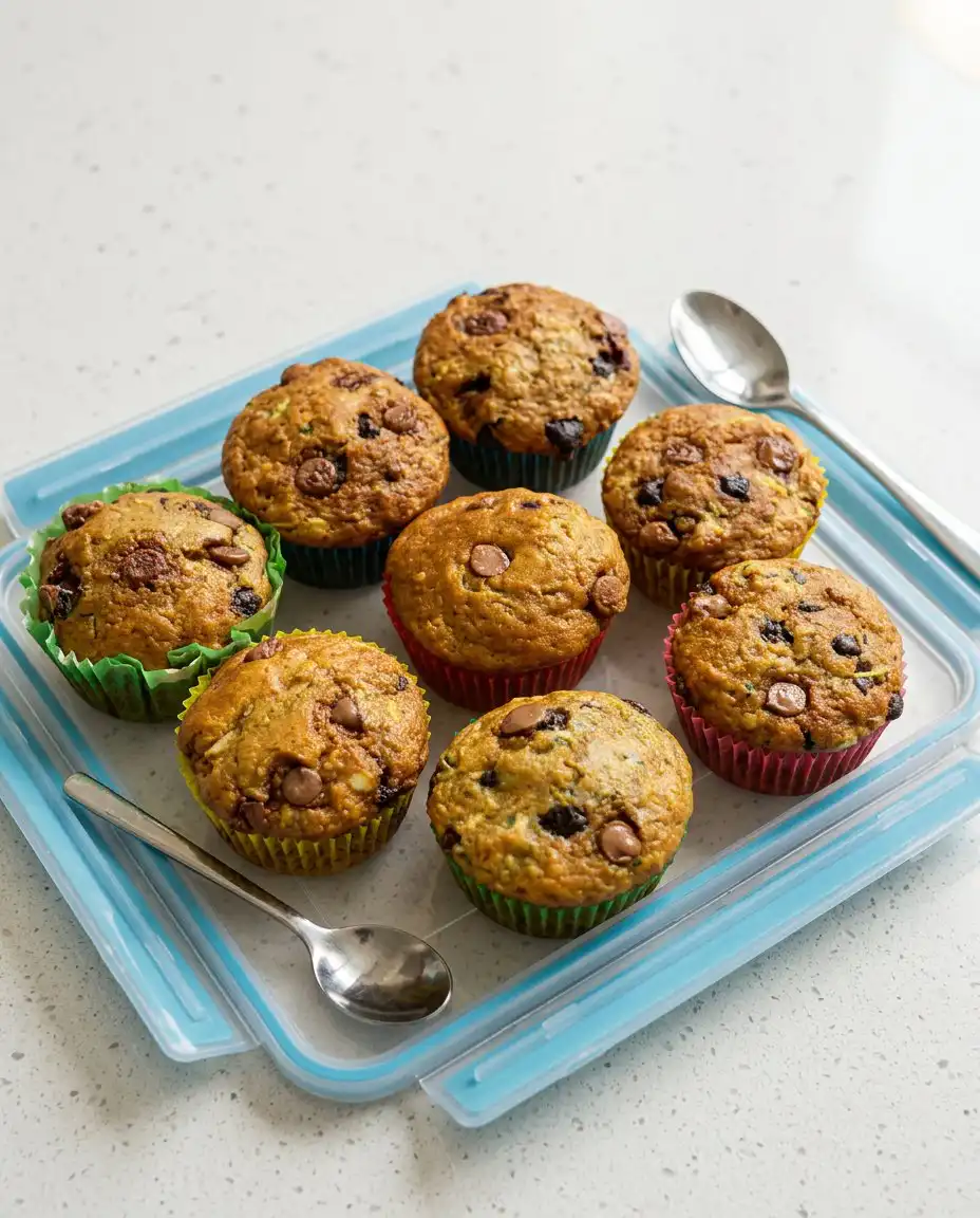 A single chocolate chip zucchini muffins served on a plate with a pat of butter.
