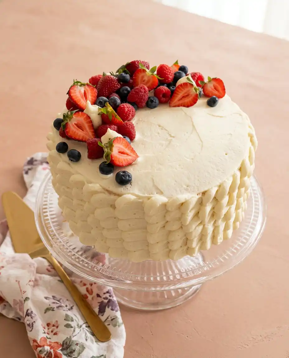 A slice of Chantilly Cake served on a plain white plate with a fork.