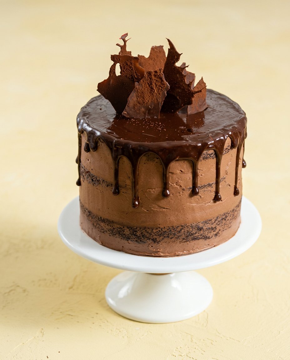 A clean slice of Classic Chocolate Zucchini Cake on a ceramic plate with a fork.