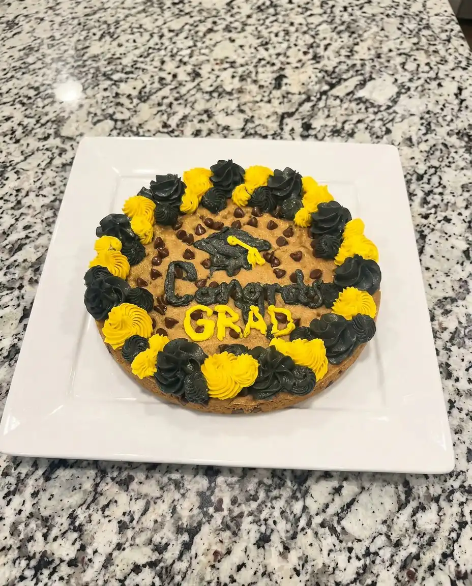 A thick slice of chewy cookie cake with buttercream frosting