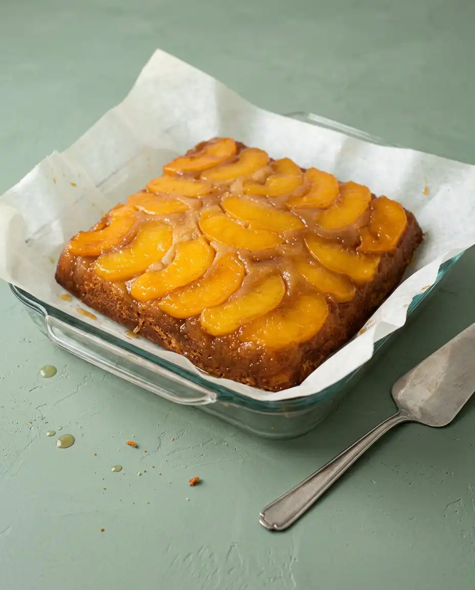A single slice of Classic Peach Upside Down Cake served with whipped cream.