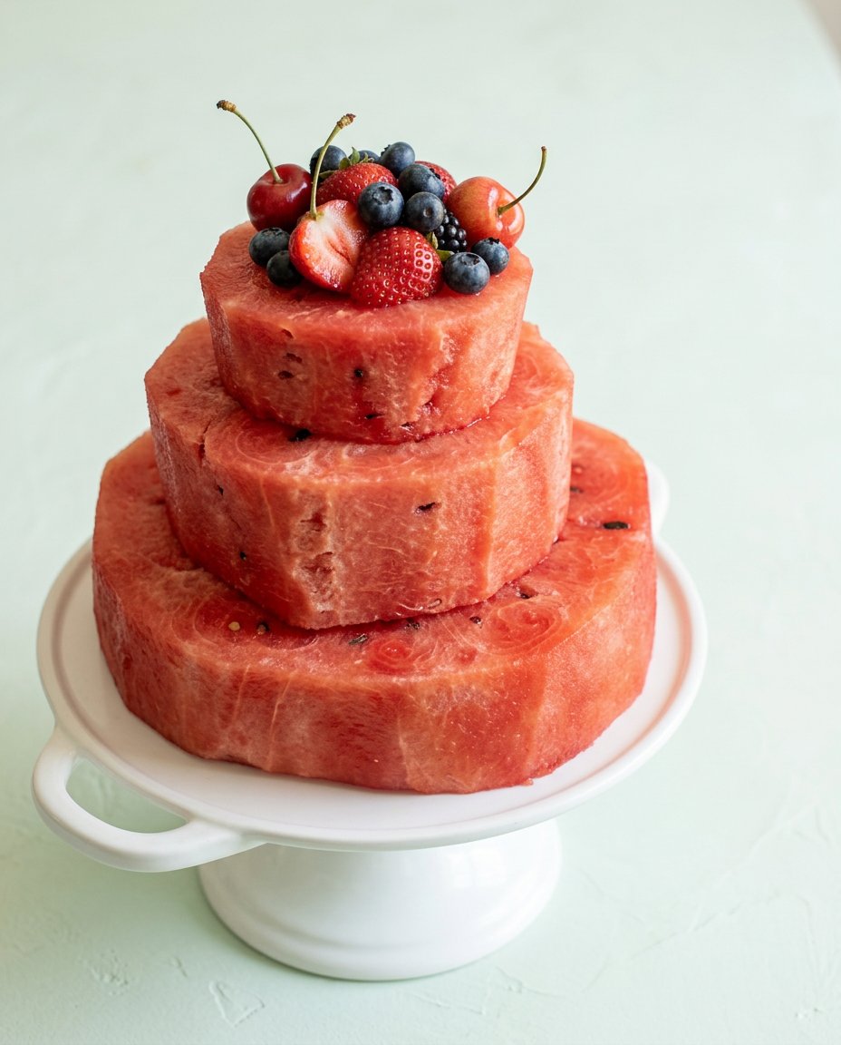 Fresh Watermelon Layer Cake 16 A single slice of Fresh Watermelon Layer Cake served on a white plate with berries.