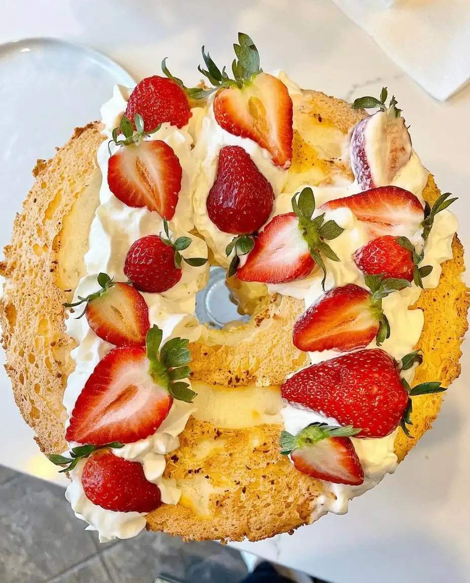 Angel Food Cake with Coconut Whipped Cream and Berries 14 A slice of angel food cake with berries and coconut cream served on a rustic plate outdoors.