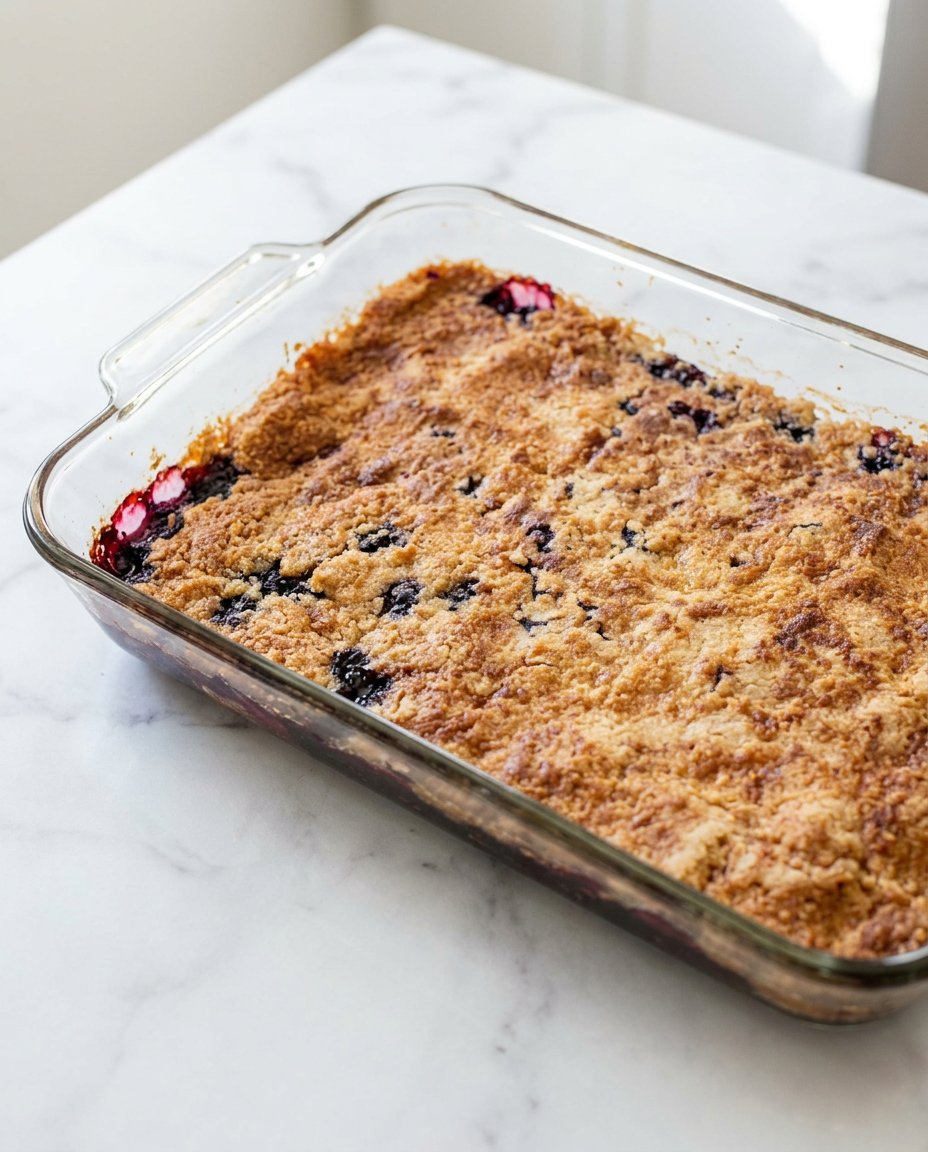 A scoop of blackberry dump cake with cake mix topped with vanilla ice cream.