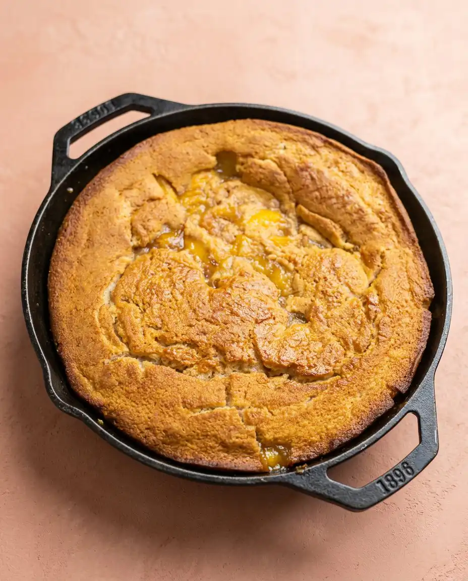 A scoop of Classic Peach Cobbler Dump Cake served on a plain white plate with a linen napkin.