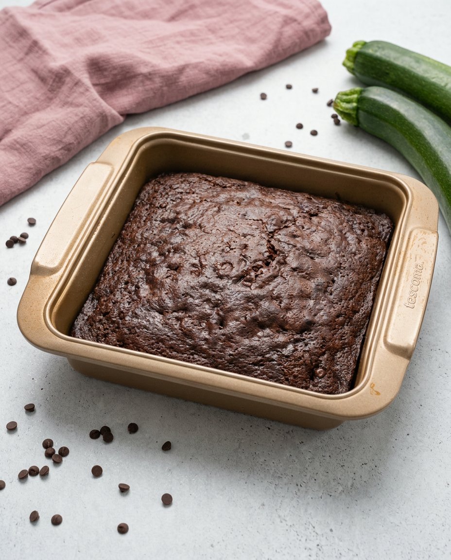 A slice of Moist Chocolate Zucchini Cake served with a cold glass of milk on a linen napkin.