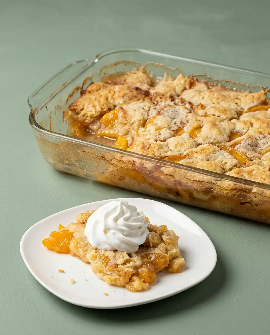 Canned Peach Dump Cake with Yellow Cake Mix 16 A bowl of Canned Peach Dump Cake with Yellow Cake Mix topped with vanilla ice cream.