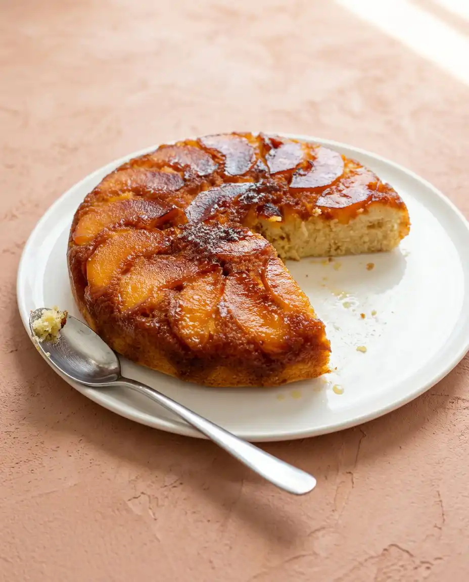 A serving of No Bake Caramel Peach Upside Down Cake with a scoop of melting vanilla ice cream.