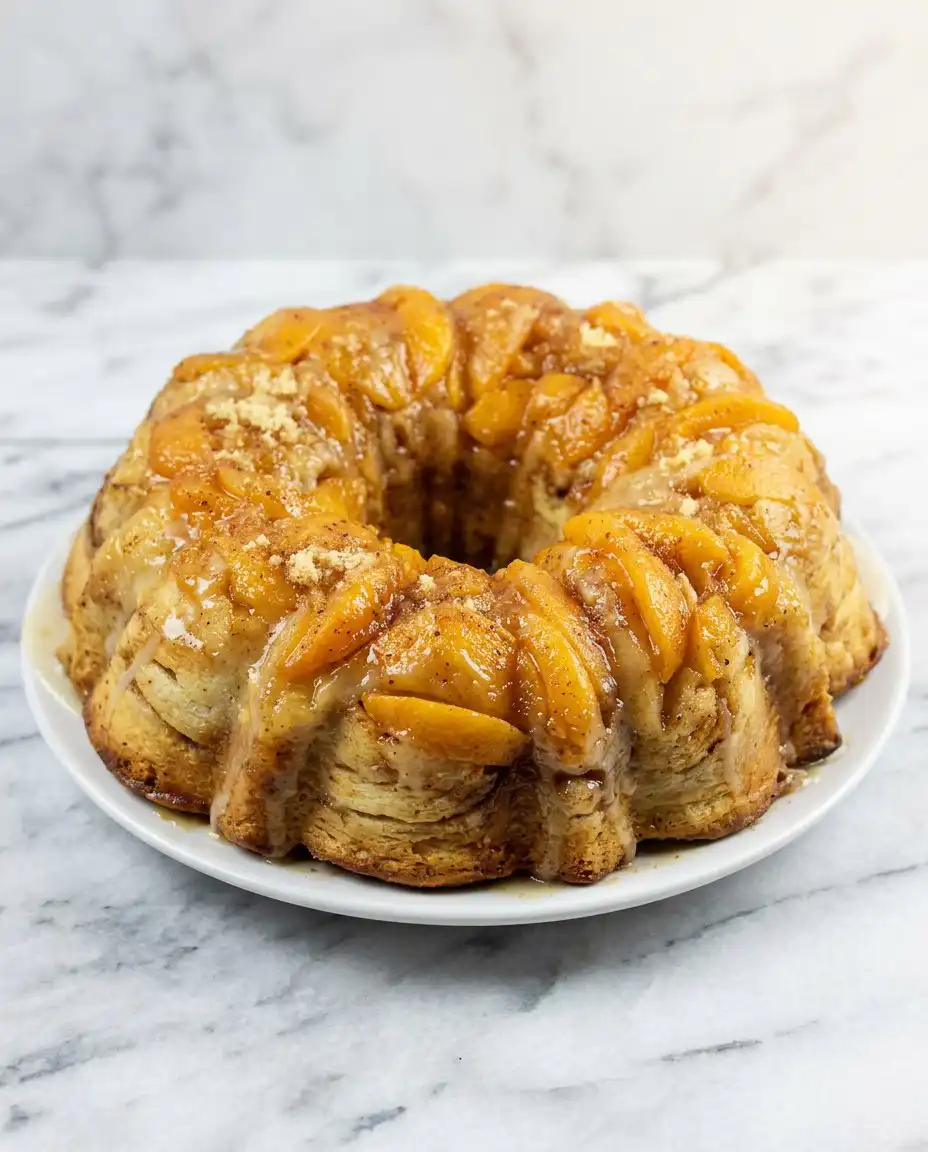 A slice of Cream Cheese Peach Cobbler Pound Cake served with vanilla ice cream.