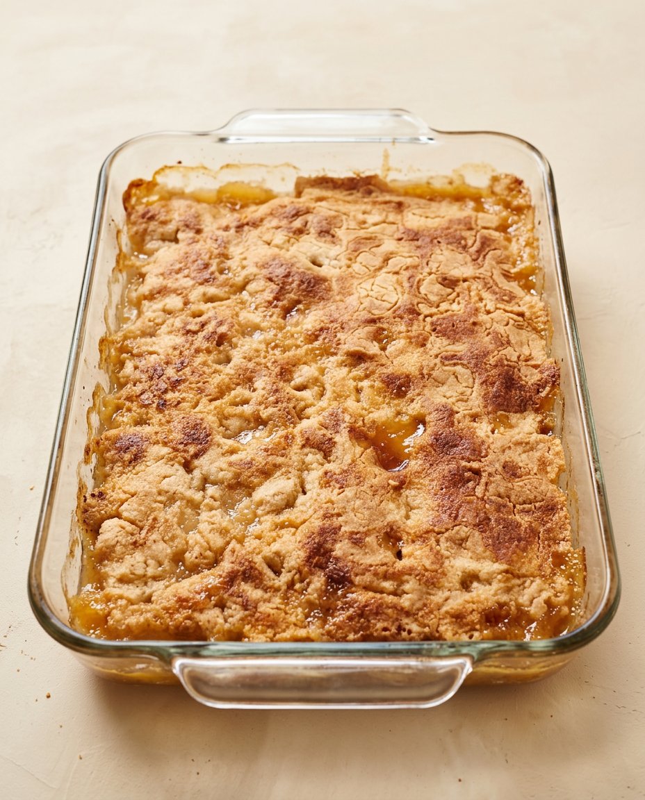 A bowl of warm Peach Cobbler with Yellow Cake Mix topped with melting vanilla ice cream.