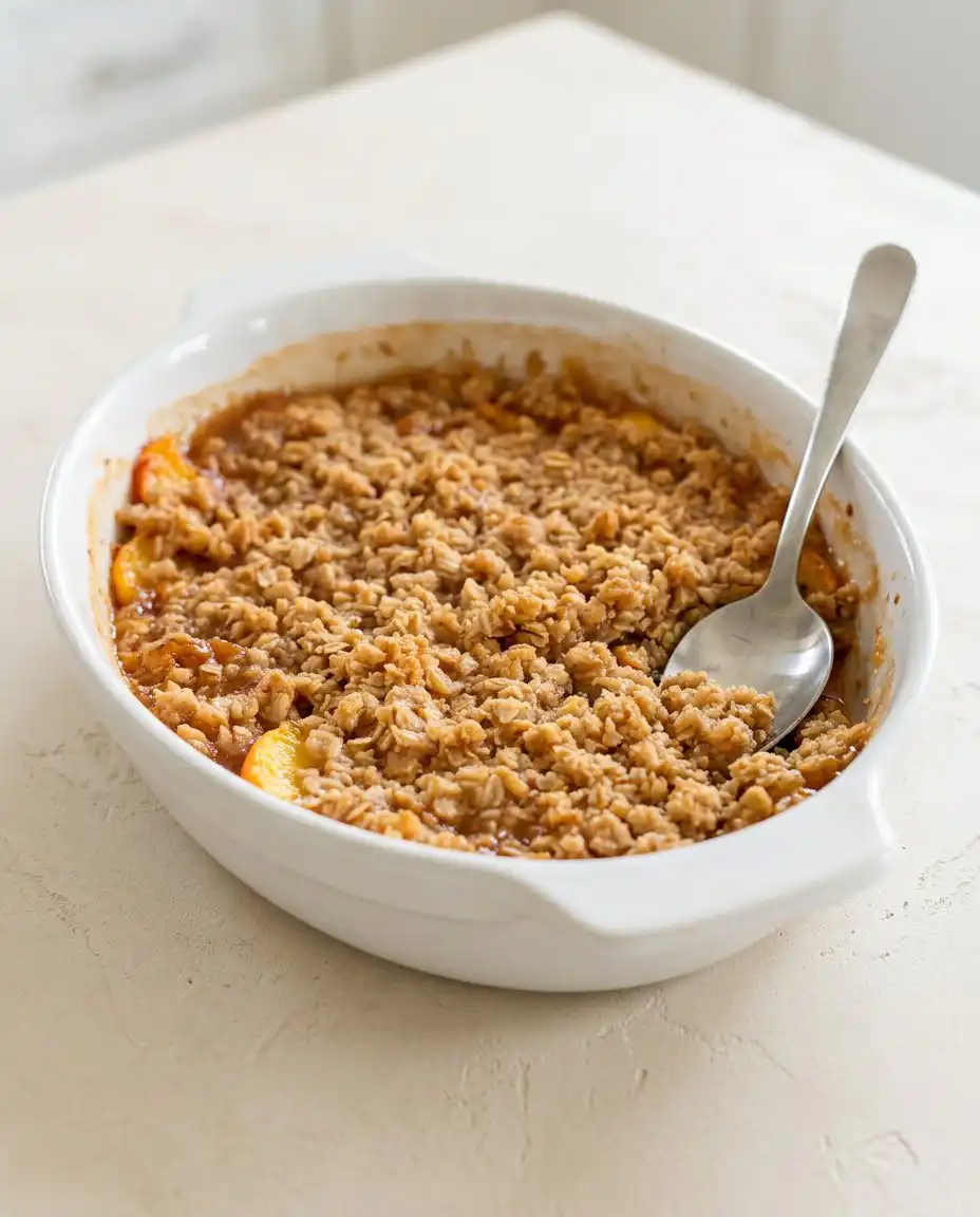 A scoop of vanilla ice cream melting over a warm serving of Peach Crisp.