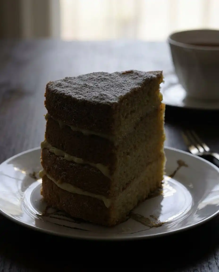 A single slice of lemon cake with visible mascarpone layers and a dusting of sugar.
