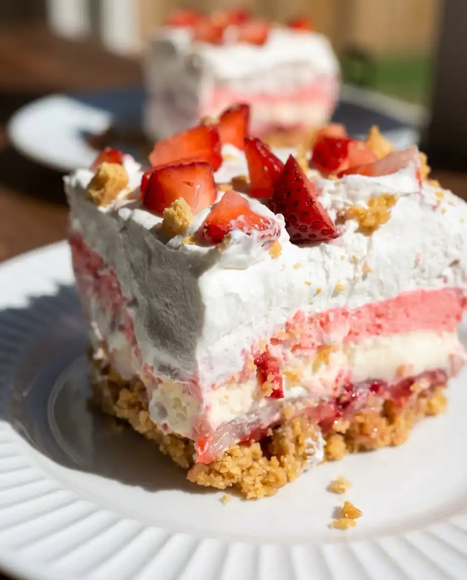 A slice of strawberry dream served on a white plate with a sprig of mint.