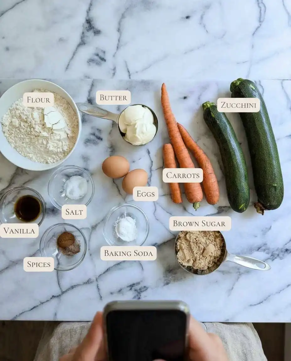 Carrot Cake Zucchini Muffins 12 Shredded carrots and zucchini piled on a wooden cutting board