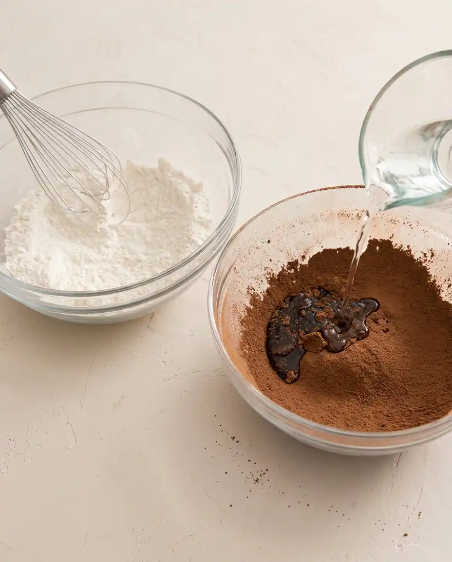 Sifting flour and cocoa for the Devil's Food Layer Cake recipe.