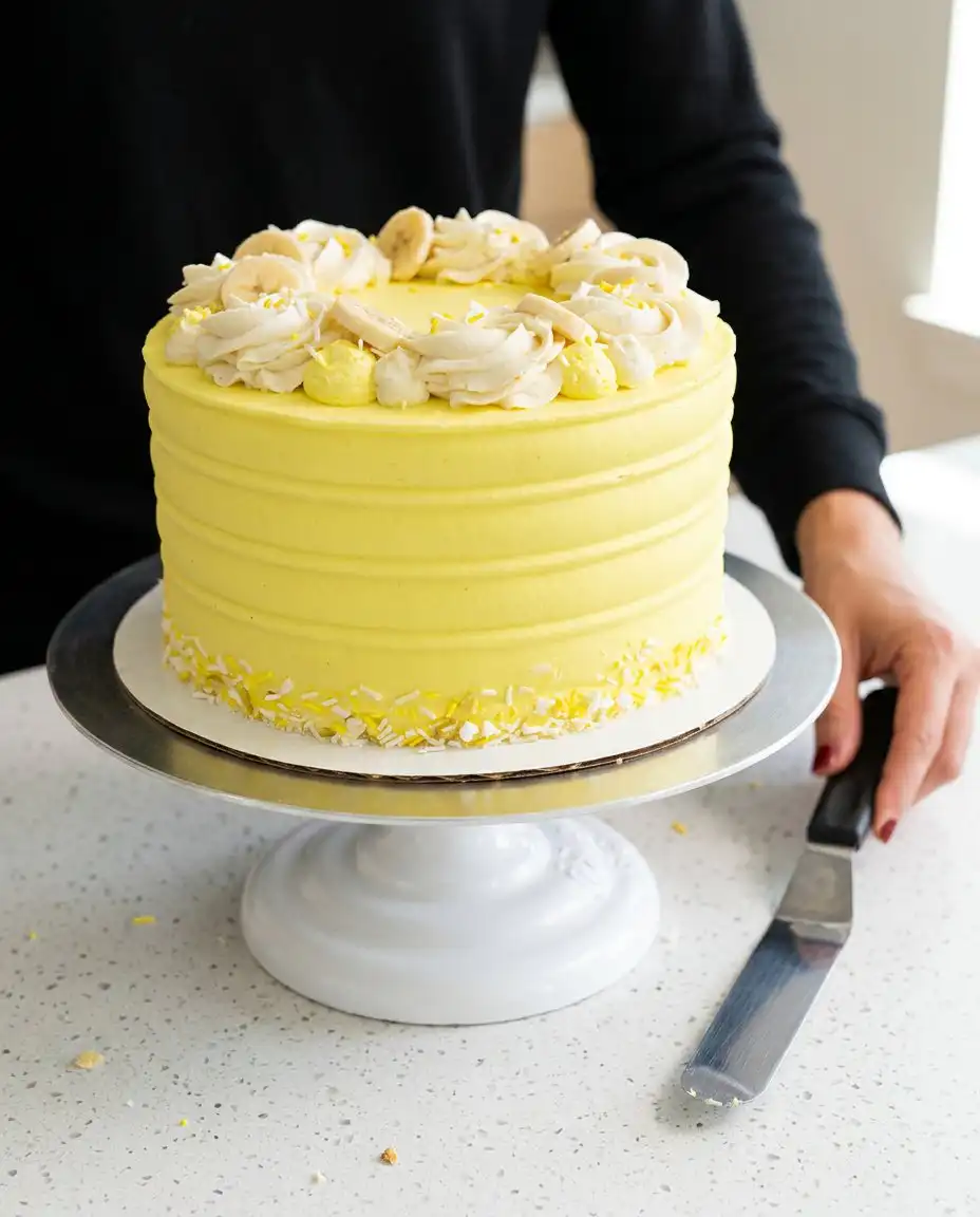 A single slice of Banana Pudding Layer Cake on a plain white plate showing the pudding filling.