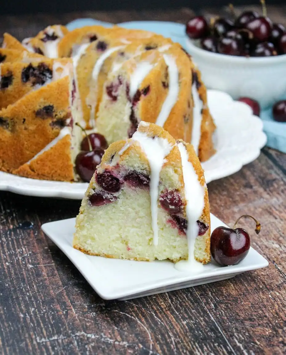 Cherry Amaretto Bundt Cake 14 A single slice of cherry amaretto cake with white almond glaze dripping down.