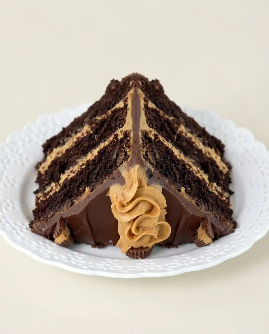 A single slice of chocolate cake showing three distinct layers