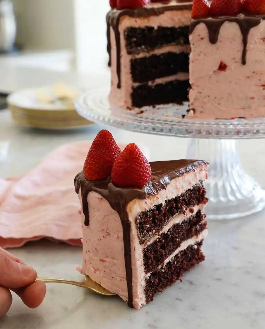 A single slice of chocolate strawberry cake showing the internal layers.