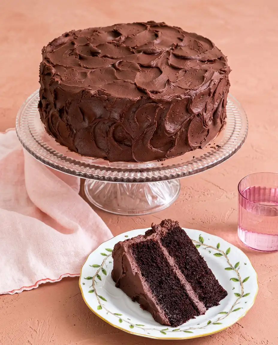A single slice of moist Devil's Food Layer Cake served on a white plate.