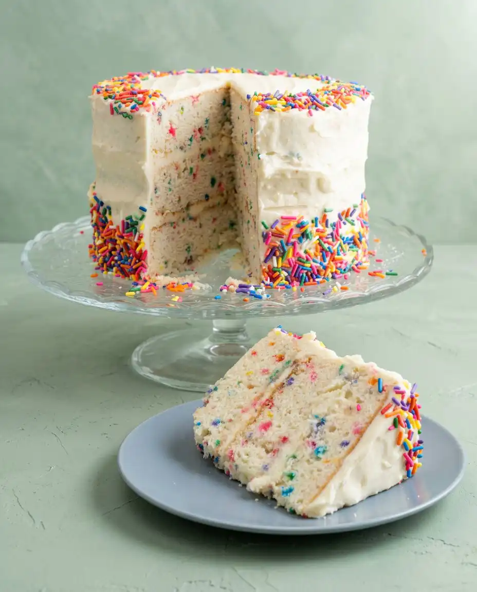 A single slice of Funfetti Birthday Layer Cake showing the colorful interior crumb.