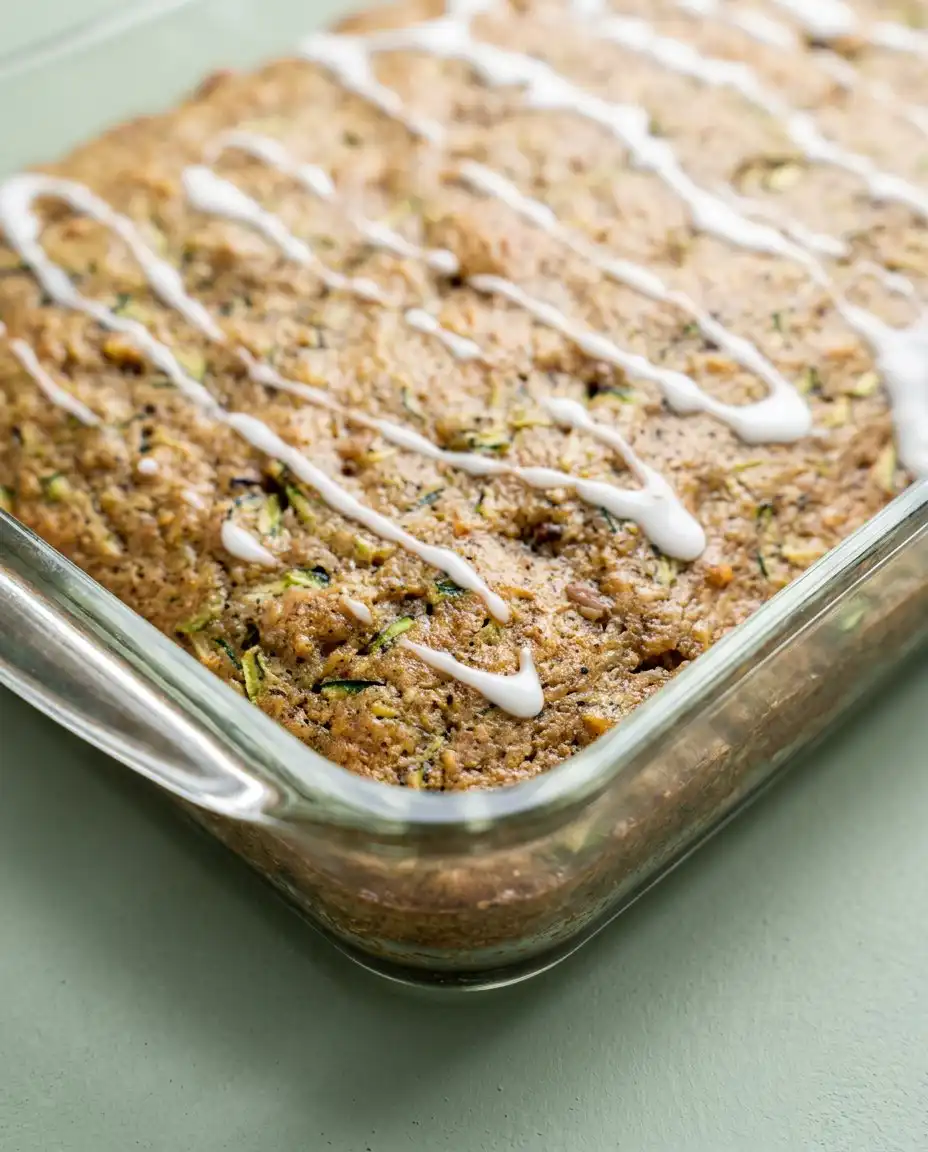 A tender slice of Grandma's Zucchini Cake showing the spiced crumb and walnut pieces.