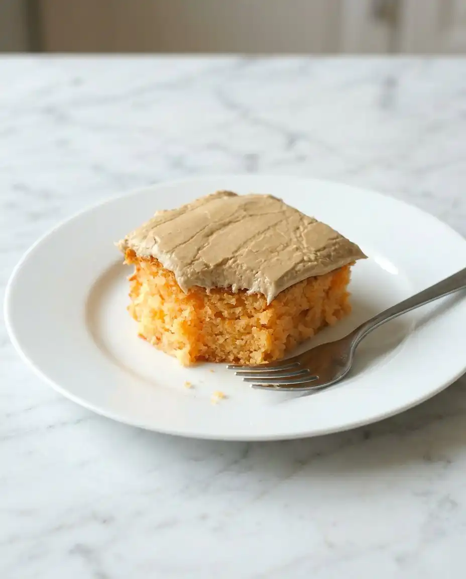 A single slice of Peach Cake with Brown Sugar Frosting served with a glass of sweet tea.