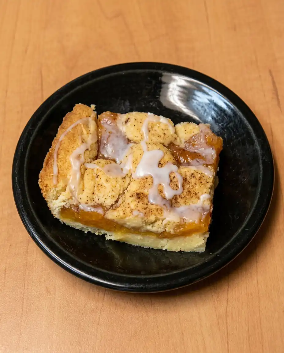 A slice of Peach Coffee Cake served with a scoop of melting vanilla ice cream.