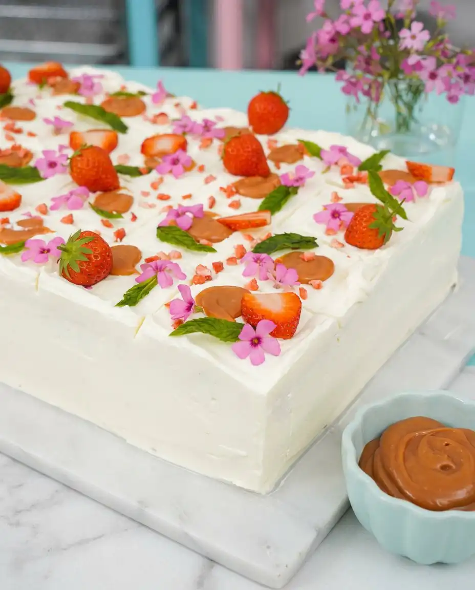A single slice of Best Strawberry Sheet Cake served on a simple white plate.