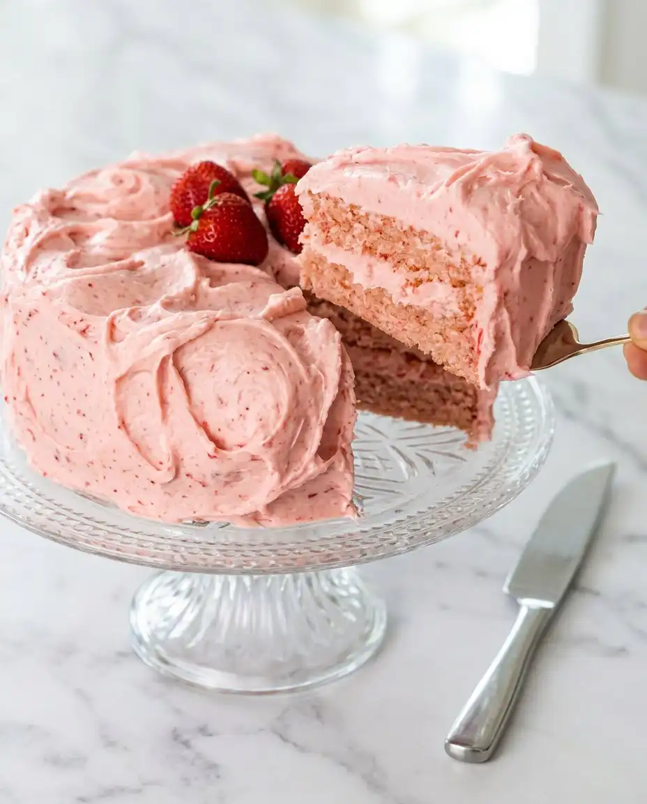 A single slice of strawberry cake showing the moist internal crumb and pink frosting.