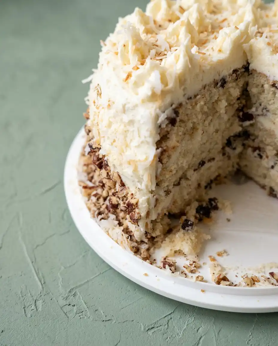 A single slice of Three-Layer Italian Cream Cake showing the internal layers of coconut and pecans.