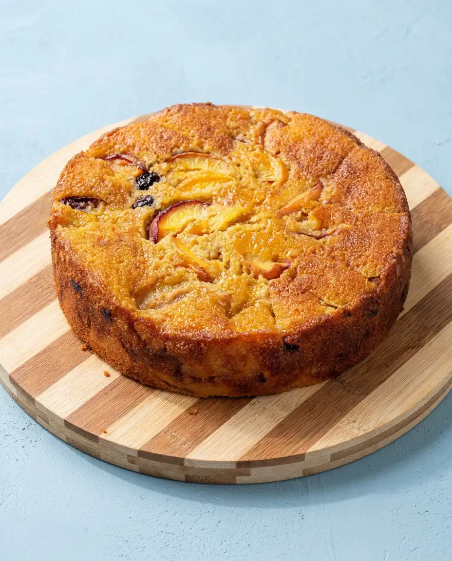 A slice of Brown Butter Fresh Peach Cake served on a white plate with whipped cream.