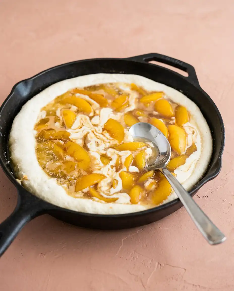 Thin slices of yellow butter layered over dry cake mix for a Classic Peach Cobbler Dump Cake.