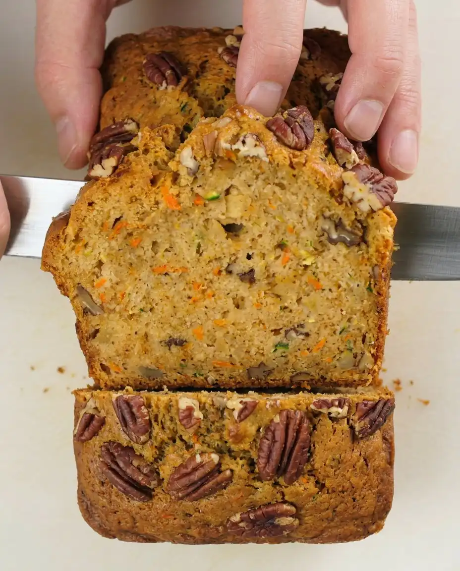 Carrot Apple Zucchini Bread 14 Two slices of Carrot Apple Zucchini Bread with a melting pat of butter on top.
