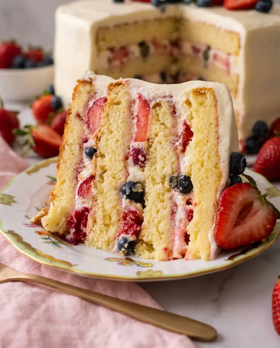 A single slice of Chantilly Bliss cake showing the berry and cream layers